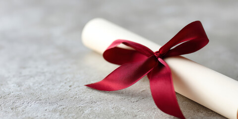 Close-up of a rolled parchment tied with a red satin ribbon on a textured gray surface, symbolizing achievement or formal announcement