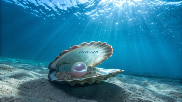 A lustrous pearl inside an open shell underwater