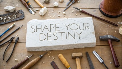 A marble stone with carved text surrounded by woodworking tools