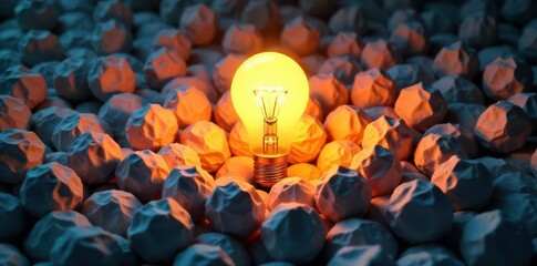 Glowing lightbulb encircled by a chaotic mass of compressed paper balls , solution, paper balls