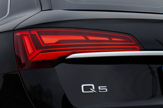 March 23, 2022, Seoul, South Korea - A close-up of the rear LED taillight and 'Q5' emblem of a black Audi Q5 car.
