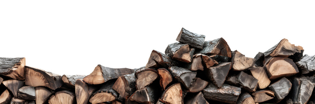 Pile of wooden chopped tree log trunk stump wood firewood, stacked group on transparent cutout, PNG file. Mockup template for artwork. Long Wallpaper banner - Powered by Adobe