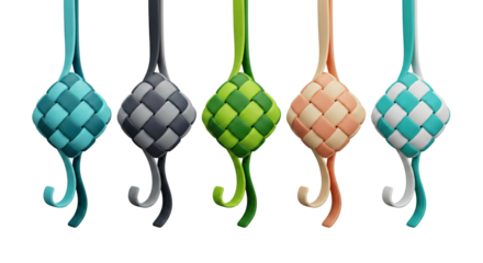 Colorful woven knot tassels with loops hanging against a black background isolated transparent