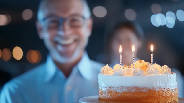 Birthday Bliss: A joyful person celebrates a birthday, holding a beautifully decorated cake with glowing candles, radiating happiness and creating a warm and festive atmosphere.