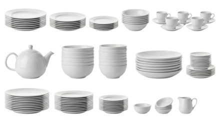 Set of pristine white ceramic dinnerware including plates bowls and cups isolated on transparent