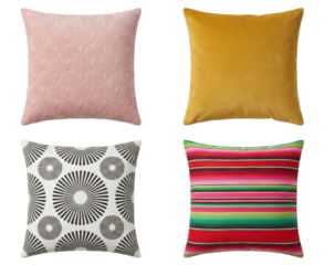 Collection of four decorative throw pillows with vibrant patterns and colors isolated on