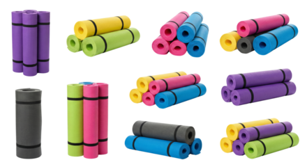 Colorful yoga mats arranged in bundles with isolated transparent background
