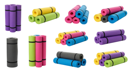 Colorful foam rollers arranged in various patterns on a transparent background perfect for fitness