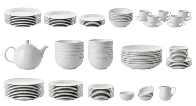 Set of pristine white ceramic dinnerware including plates bowls and cups isolated on transparent