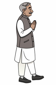 A cartoon illustration of an elderly Indian man with gray hair and a mustache, wearing a traditional white kurta and churidar with a brown Nehru jacket, performing a namaste greeting while walking.