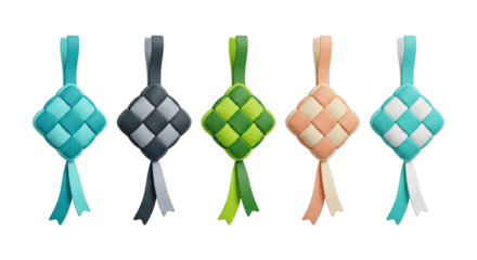 Colorful woven tassels with silky ribbons isolated on transparent background