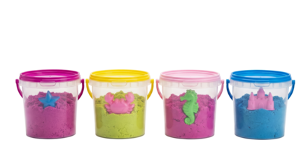 Colorful sand art containers with creative animal and castle shapes isolated on transparent