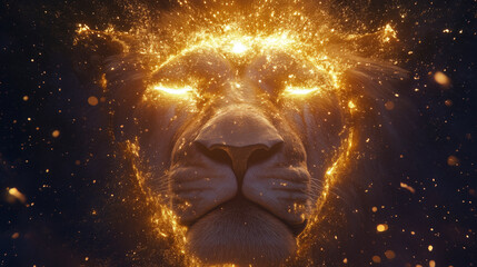 Lion of Judah glowing, palette of twilight indigo, radiant coral, and shimmering gold, AI generated