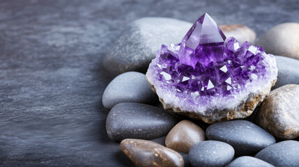 Polished purple crystal nestled among smooth gray stones, gemstone beauty, contrast, and tranquil mineral aesthetics with space for text overlays