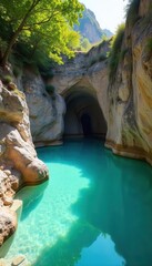 Sunlit shallow pool, turquoise water, fresh stonework, surface, oasis