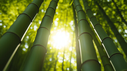 Dense grove of tall bamboo stalks stretching toward soft diffused sunlight tranquil natural scene highlighting lush greenery, exotic atmosphere, and serene forest beauty with space for text overlays
