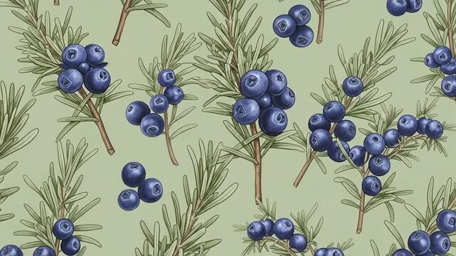 Patterned evergreen foliage featuring blue berries and needle details.