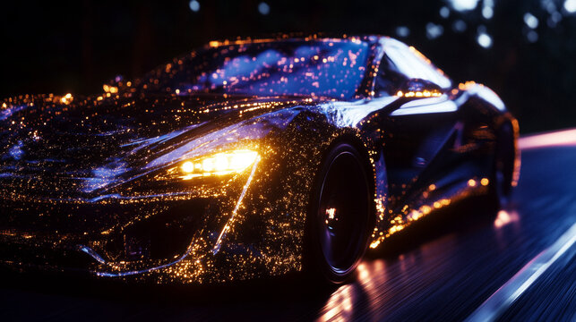 Cinematic software-defined vehicle on glowing highway with holographic overlays, palette of twilight indigo, radiant coral, and shimmering gold, atmospheric futuristic design, AI generated