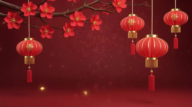 Festive Red Background with Cherry Blossom Branch and Hanging Chinese Lanterns