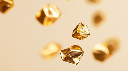 Gleaming golden nuggets float in mid-air, a testament to timeless wealth. Each shard reflects ambition, luxury, and investment. A treasure of geometric dreams.