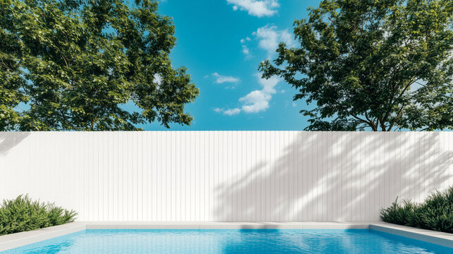 Minimalist durable vinyl fencing around built-in pool, clean composition, palette of matte cream, graphite gray, and vivid cobalt, modern abstract outdoor poster design, AI generated