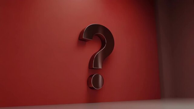 Silver Question Mark on Red Wall Background.