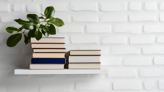 Minimalist library shelf with many books, clean composition, palette of matte cream, graphite gray, and vivid cobalt, modern abstract educational poster design, AI generated
