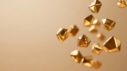 Abstract floating golden octahedrons on a light brown background. Each face catches the light creating dazzling reflections. An elegant and futuristic composition.