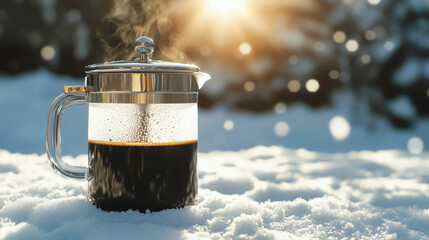 Steaming coffee press, cozy winter scene highlighting warmth, contrast, and inviting atmosphere with space for text overlays