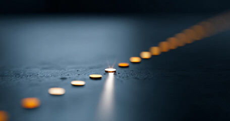 Close-up of a row of small glowing orange discs on a dark textured surface with one disc emitting a bright light beam