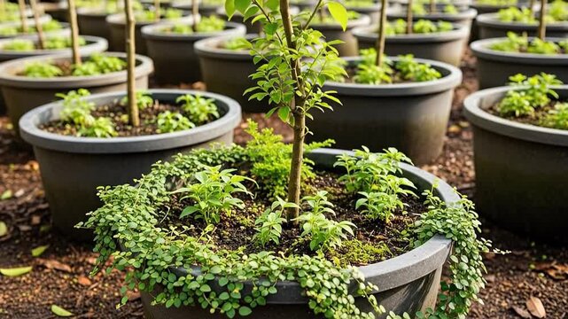 Rows of potted ornamental shrubs thriving in a plant nursery setting.