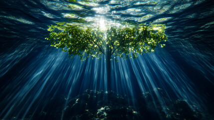 Underwater view of a tree with sunlight piercing through the water&rsquo;s surface surreal natural scene highlighting mystery, tranquility, and ethereal beauty with space for text overlays