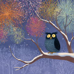 Colorful fireworks fill the night sky while an owl sits on a snowy branch in winter