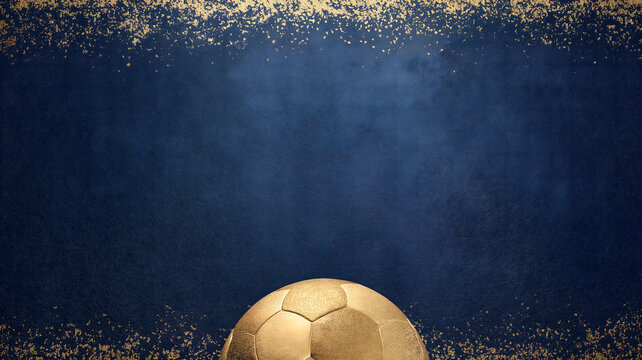 Luxury golden soccer ball on dark blue textured background
