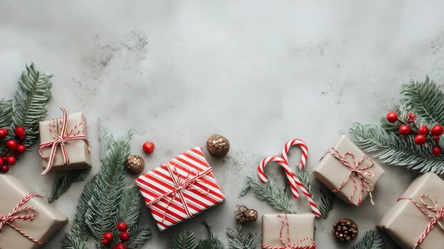 Minimal christmas gift flat lay with wrapped presents fir greenery and candy canes festive holiday shopping background with copy space