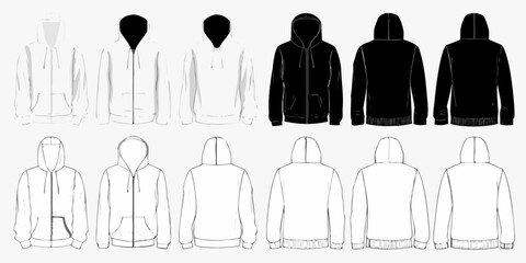 Technical fashion illustration of various hoodie designs in black and white © Tarun