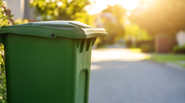 A green waste bin stands ready for collection on a sunny neighborhood street. Suburban living meets responsible waste management in this snapshot of everyday life.
