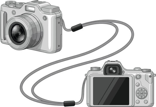 Digital camera front and back views connected by cable, modern photography equipment and technology illustration vector