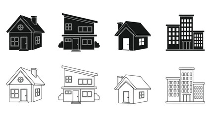 A collection of simple black and white house and building icons