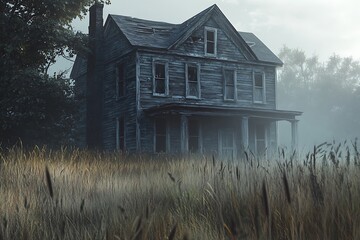 An abandoned farmhouse with weathered wood, broken shutters, and tall grass reclaiming the front yard 