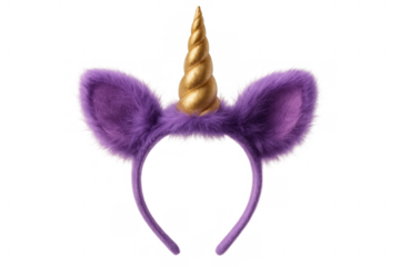 Magical unicorn headband creating a whimsical fantasy costume accessory with fluffy purple ears and golden horn