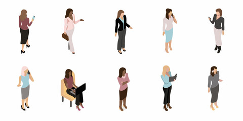 Fototapeta premium Isometric illustration of diverse businesswomen in various professional poses and attire