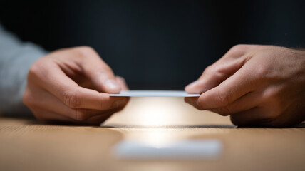 Close-up of hands holding a glowing card over a wooden table with dark background, highlighting light and focus on the object