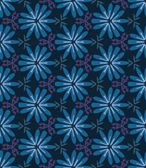 Hand Drawn Botanical Seamless Pattern in Deep Blue and Cyan Tones