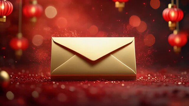 Golden Envelope on Sparkling Red Background with Traditional Chinese Lanterns and Bokeh Lights