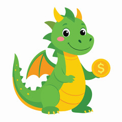 Obraz premium Smiling green cartoon dragon holding coin.