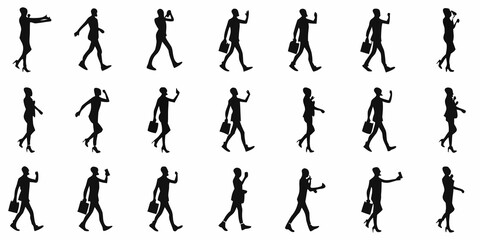 Silhouettes of people walking showcasing various poses and dynamic movement