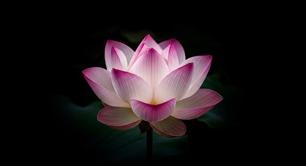 Elegant Lotus Blossom: Pink-Tipped Petals Against Dark Backdrop, Serene Beauty