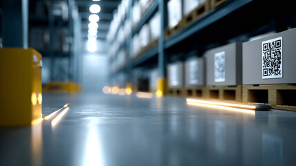 Modern warehouse interior with shelves stocked with boxes featuring QR codes and illuminated floor markers for automated logistics