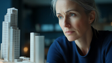 Focused architect studies building model, blue eyes analyzing every detail. Architecture is a passion. Creative designs come from a thoughtful mind.  Modern architecture.